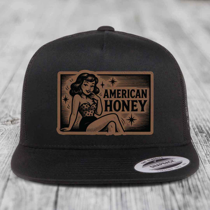 American Honey - Leather Patch Hat - Dark Brown to Black Patch - Yupoong 6006 Snapback Flatbill Hat