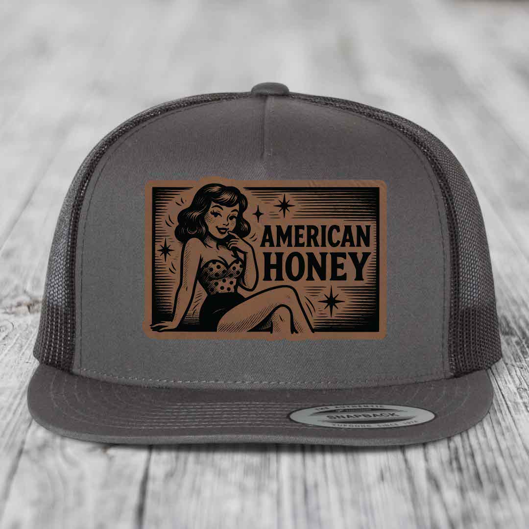 American Honey - Leather Patch Hat - Dark Brown to Black Patch - Yupoong 6006 Snapback Flatbill Hat