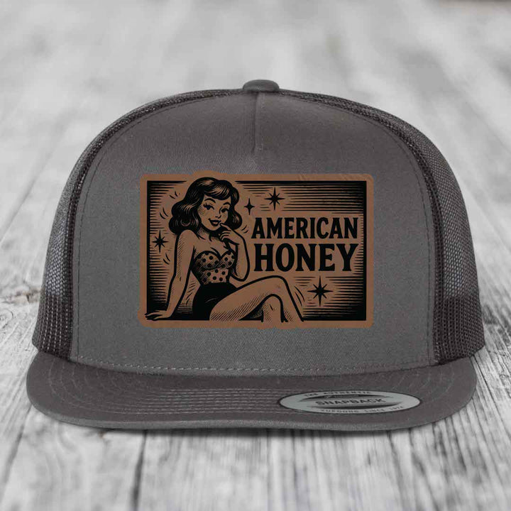 American Honey - Leather Patch Hat - Dark Brown to Black Patch - Yupoong 6006 Snapback Flatbill Hat