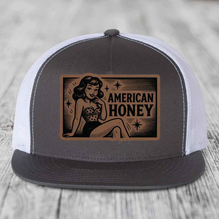 American Honey - Leather Patch Hat - Dark Brown to Black Patch - Yupoong 6006 Snapback Flatbill Hat