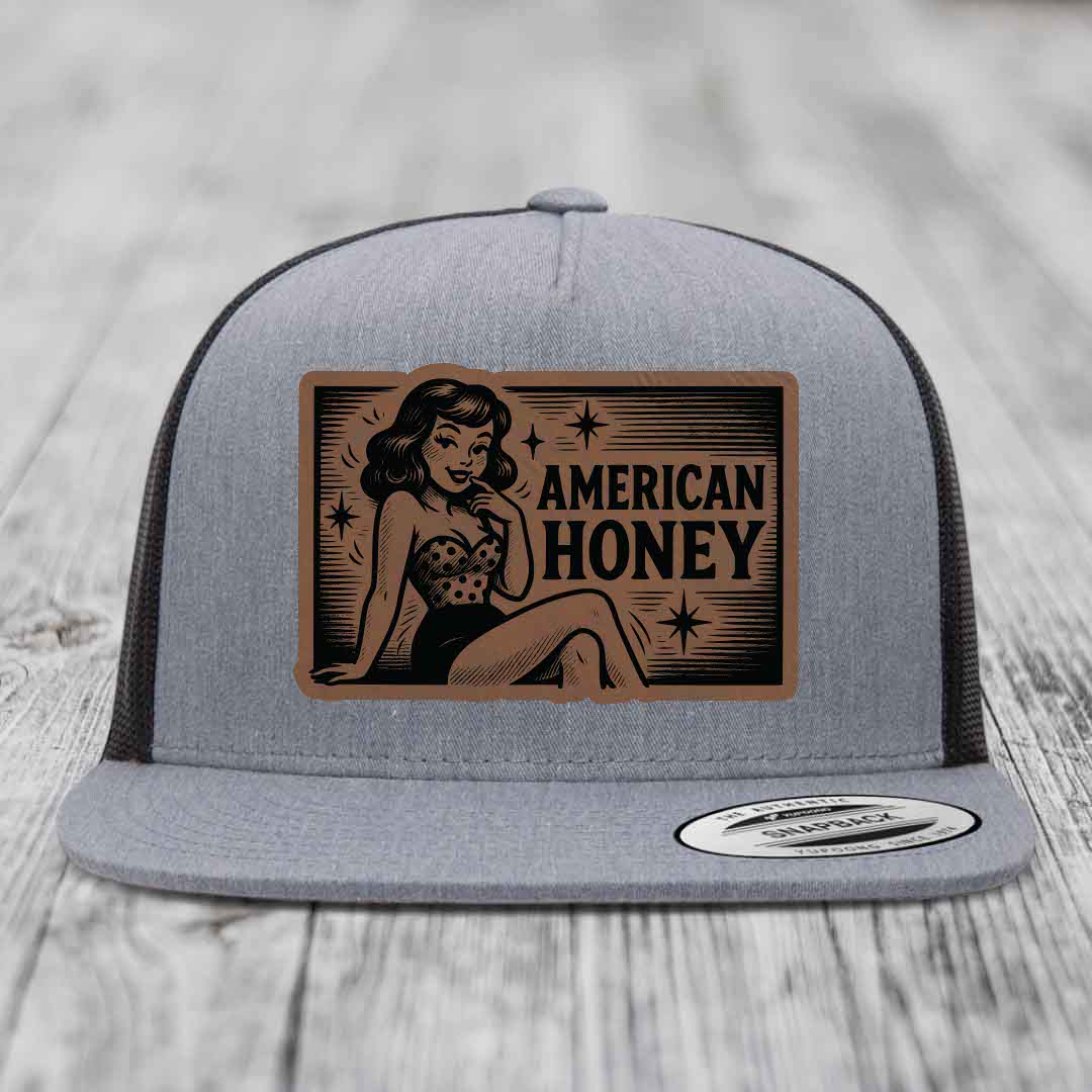 American Honey - Leather Patch Hat - Dark Brown to Black Patch - Yupoong 6006 Snapback Flatbill Hat