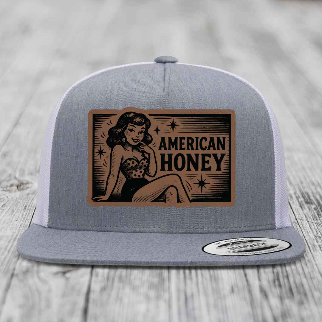 American Honey - Leather Patch Hat - Dark Brown to Black Patch - Yupoong 6006 Snapback Flatbill Hat