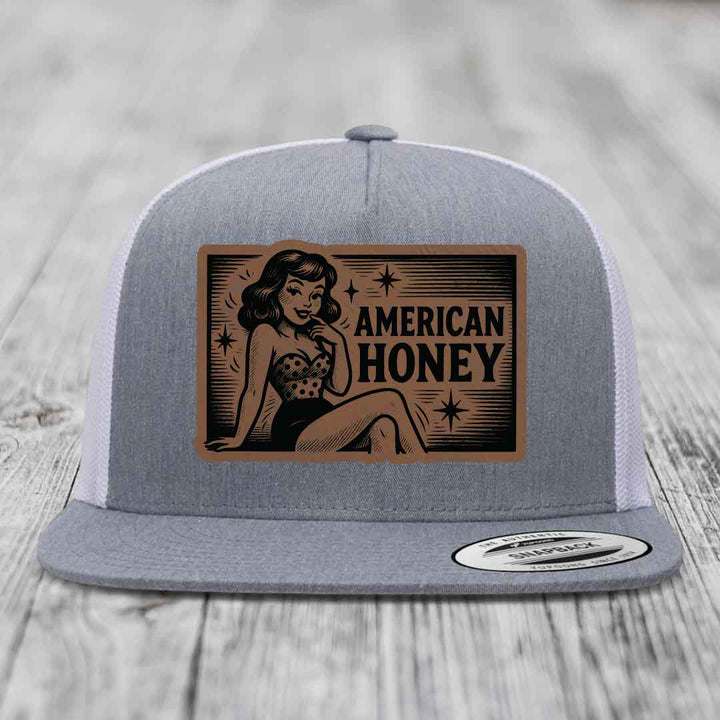 American Honey - Leather Patch Hat - Dark Brown to Black Patch - Yupoong 6006 Snapback Flatbill Hat