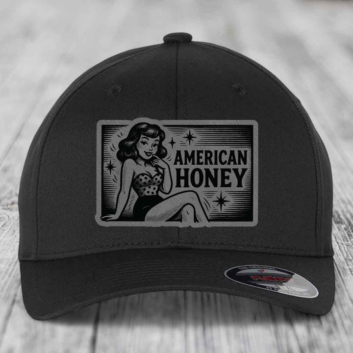 American Honey - Leather Patch Hat - Grey to Black Patch - Flexfit 6277 Fitted Hat