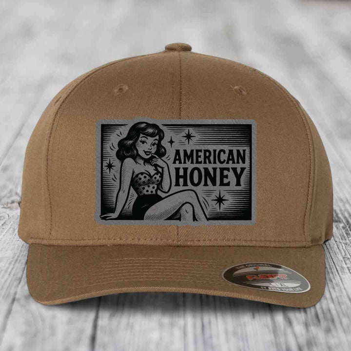 American Honey - Leather Patch Hat - Grey to Black Patch - Flexfit 6277 Fitted Hat