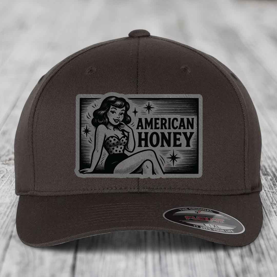 American Honey - Leather Patch Hat - Grey to Black Patch - Flexfit 6277 Fitted Hat