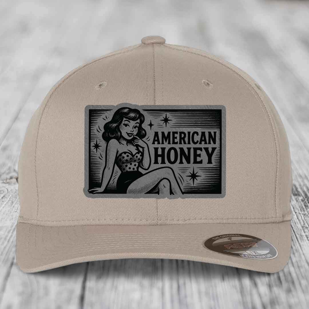 American Honey - Leather Patch Hat - Grey to Black Patch - Flexfit 6277 Fitted Hat