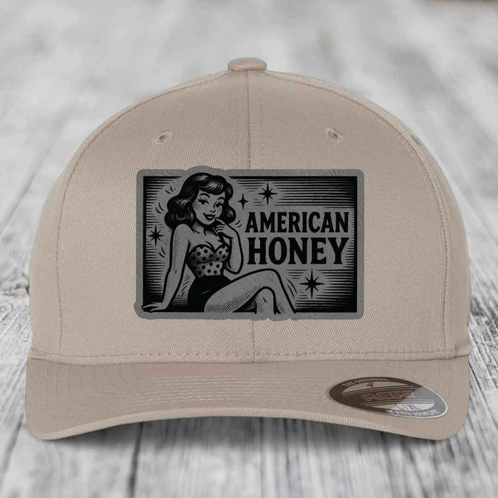 American Honey - Leather Patch Hat - Grey to Black Patch - Flexfit 6277 Fitted Hat
