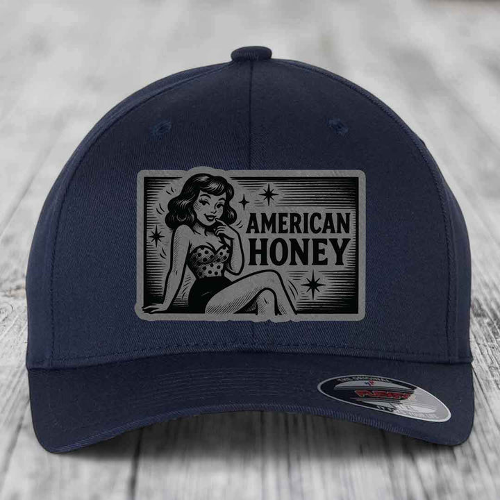 American Honey - Leather Patch Hat - Grey to Black Patch - Flexfit 6277 Fitted Hat
