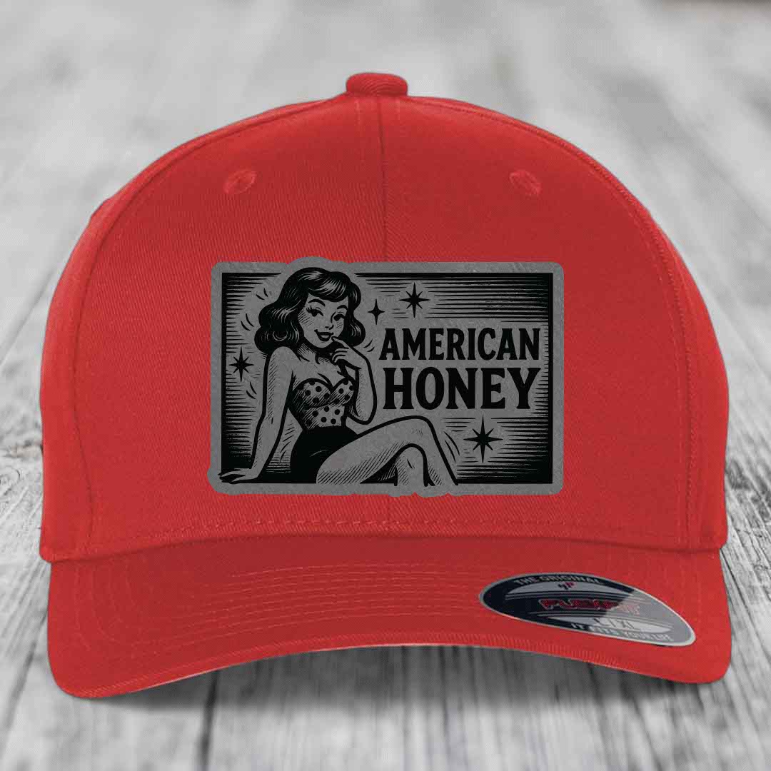 American Honey - Leather Patch Hat - Grey to Black Patch - Flexfit 6277 Fitted Hat