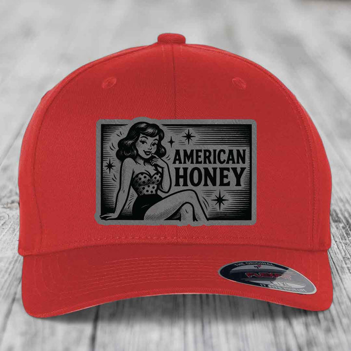 American Honey - Leather Patch Hat - Grey to Black Patch - Flexfit 6277 Fitted Hat