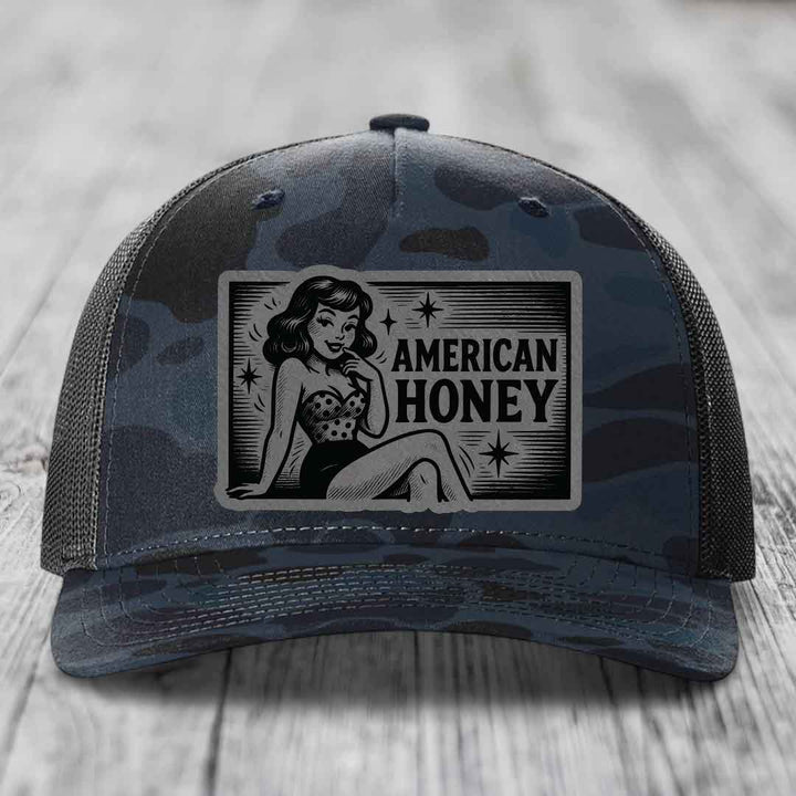 American Honey - Leather Patch Hat - Grey to Black Patch - Richardson 112PFP Snapback Trucker Hat