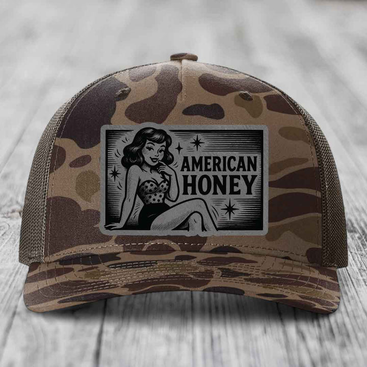 American Honey - Leather Patch Hat - Grey to Black Patch - Richardson 112PFP Snapback Trucker Hat