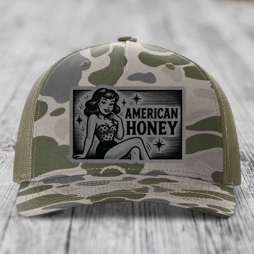 American Honey - Leather Patch Hat - Grey to Black Patch - Richardson 112PFP Snapback Trucker Hat