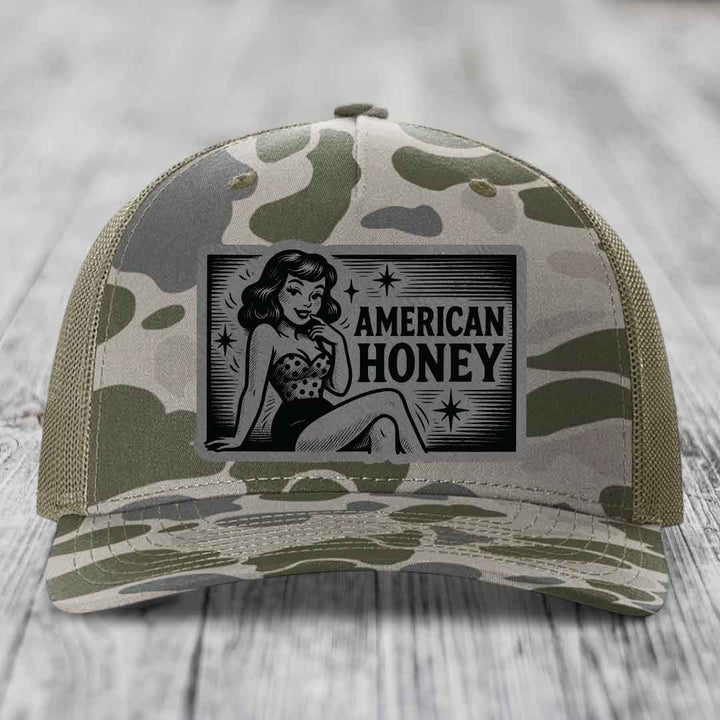 American Honey - Leather Patch Hat - Grey to Black Patch - Richardson 112PFP Snapback Trucker Hat