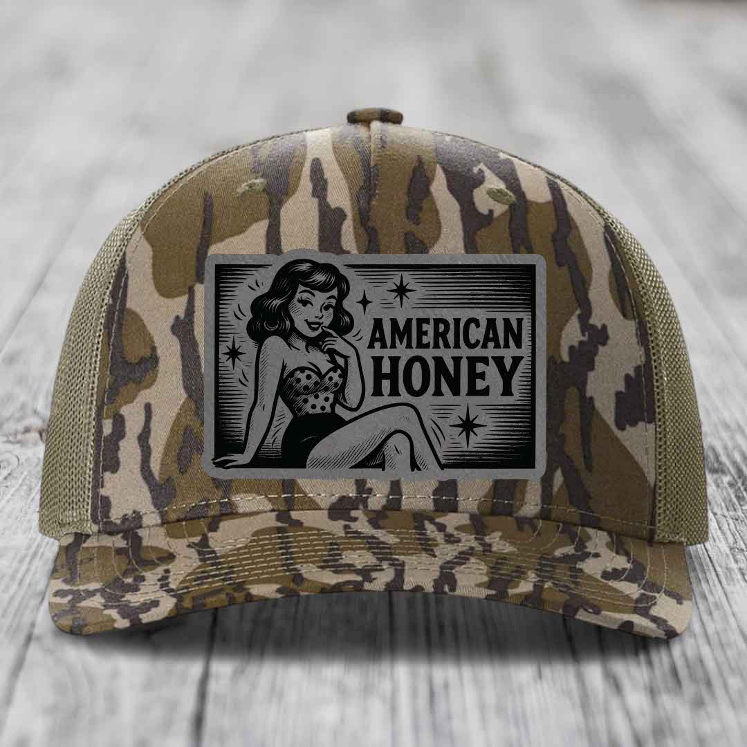 American Honey - Leather Patch Hat - Grey to Black Patch - Richardson 112PFP Snapback Trucker Hat