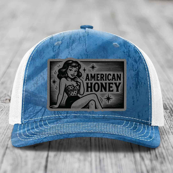 American Honey - Leather Patch Hat - Grey to Black Patch - Richardson 112PFP Snapback Trucker Hat