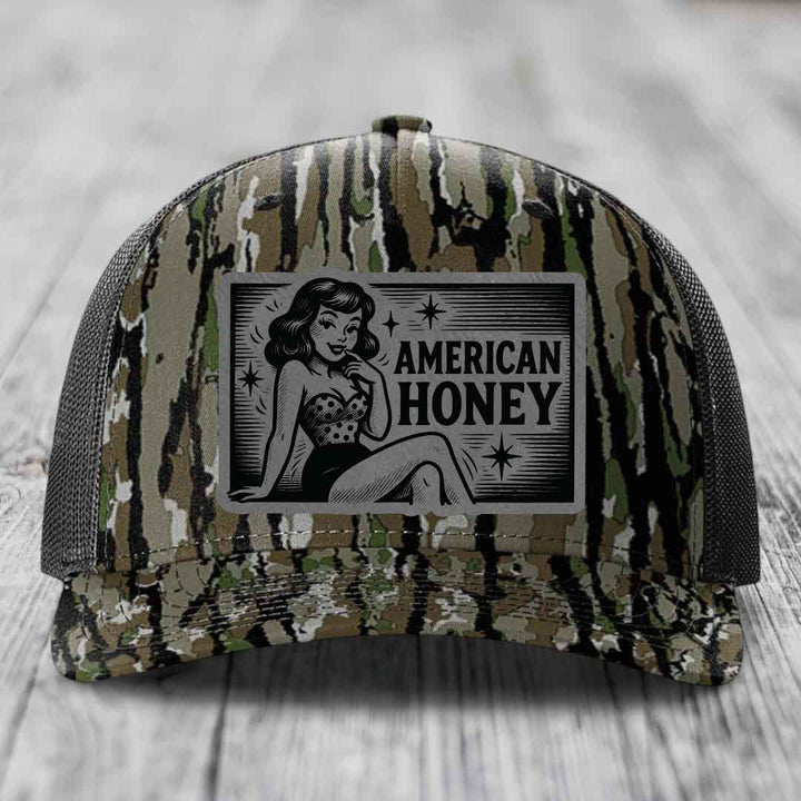 American Honey - Leather Patch Hat - Grey to Black Patch - Richardson 112PFP Snapback Trucker Hat