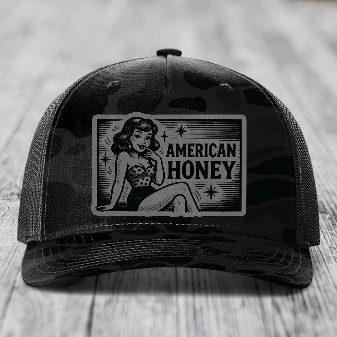 American Honey - Leather Patch Hat - Grey to Black Patch - Richardson 112PFP Snapback Trucker Hat