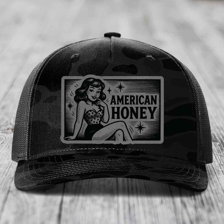 American Honey - Leather Patch Hat - Grey to Black Patch - Richardson 112PFP Snapback Trucker Hat
