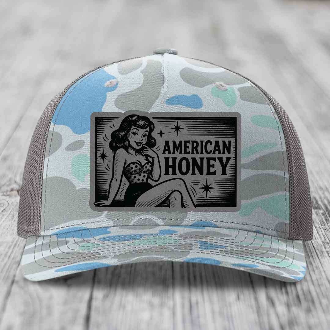 American Honey - Leather Patch Hat - Grey to Black Patch - Richardson 112PFP Snapback Trucker Hat