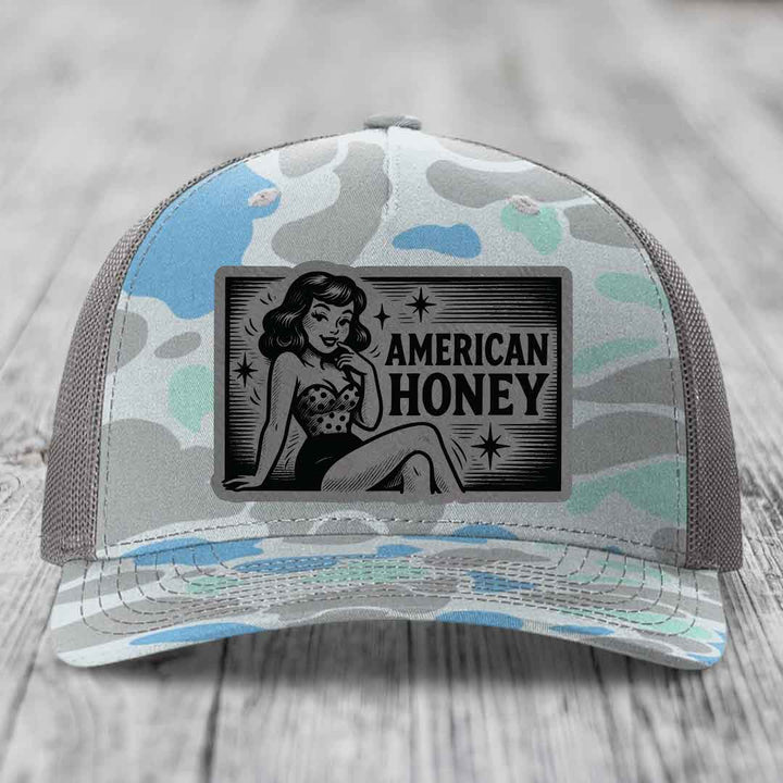 American Honey - Leather Patch Hat - Grey to Black Patch - Richardson 112PFP Snapback Trucker Hat