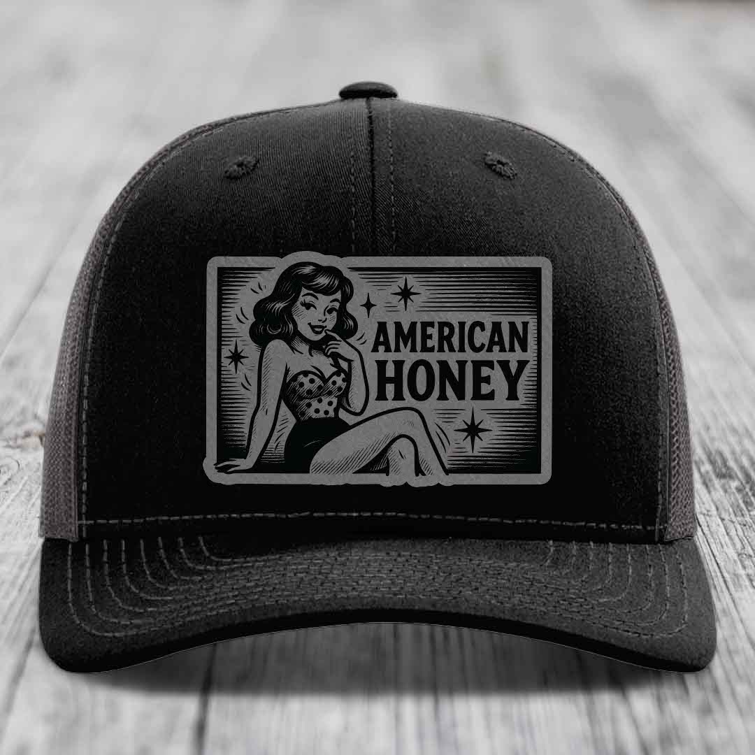 American Honey - Leather Patch Hat - Grey to Black Patch - Richardson 112 Snapback Trucker Hat