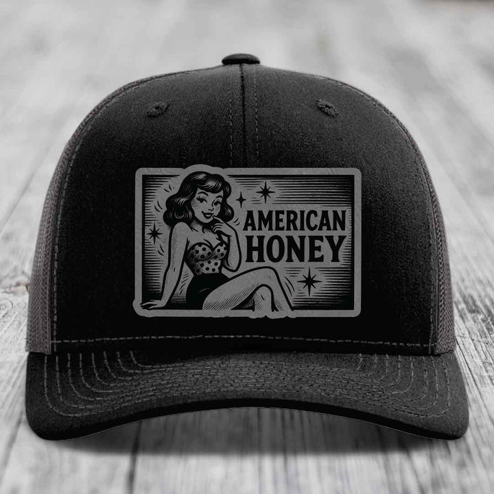 American Honey - Leather Patch Hat - Grey to Black Patch - Richardson 112 Snapback Trucker Hat