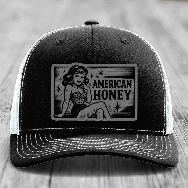 American Honey - Leather Patch Hat - Grey to Black Patch - Richardson 112 Snapback Trucker Hat