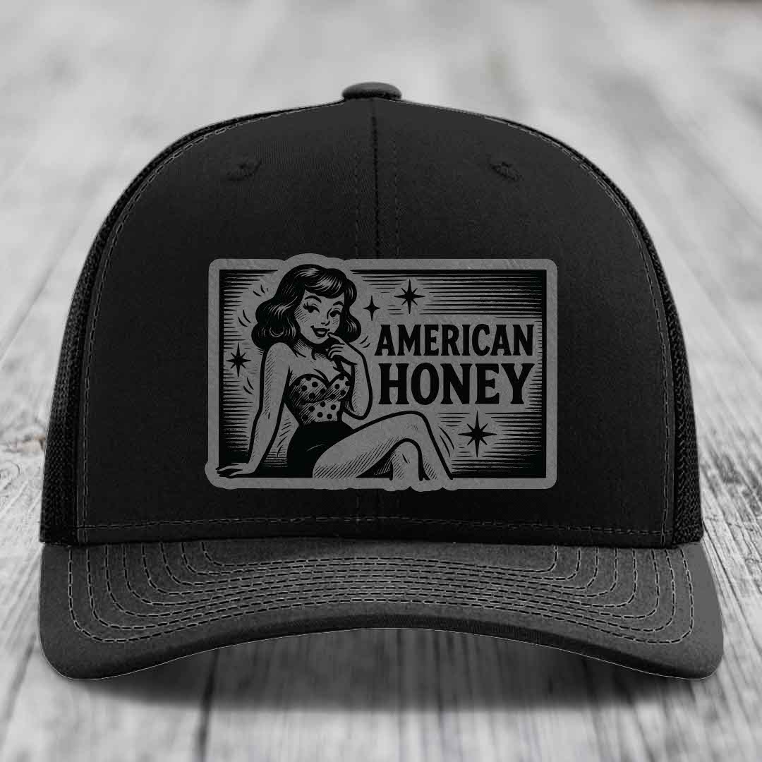 American Honey - Leather Patch Hat - Grey to Black Patch - Richardson 112 Snapback Trucker Hat