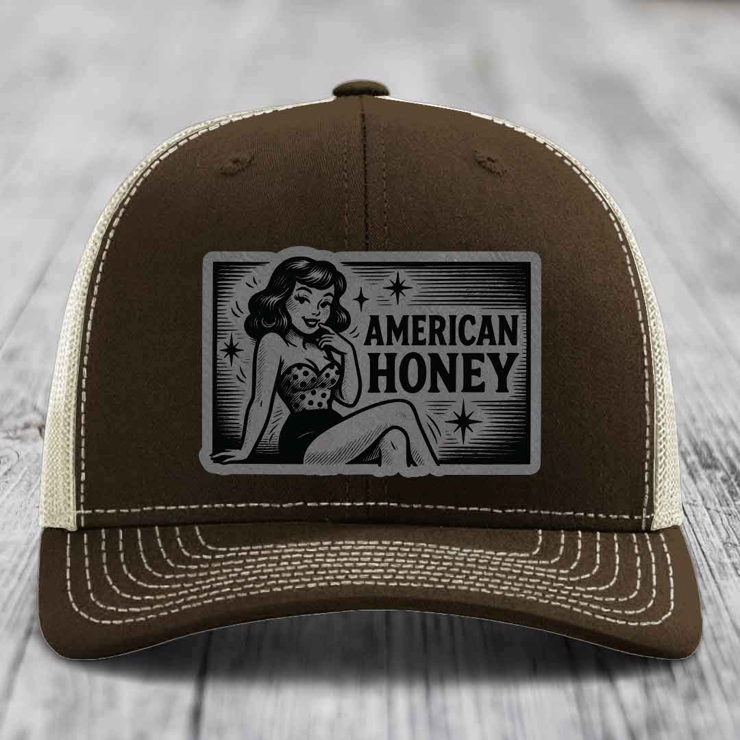 American Honey - Leather Patch Hat - Grey to Black Patch - Richardson 112 Snapback Trucker Hat