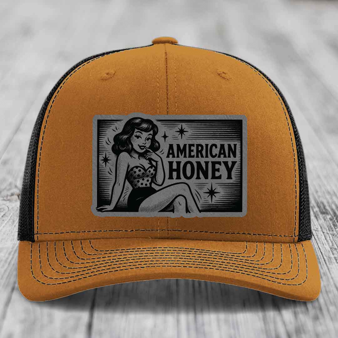 American Honey - Leather Patch Hat - Grey to Black Patch - Richardson 112 Snapback Trucker Hat