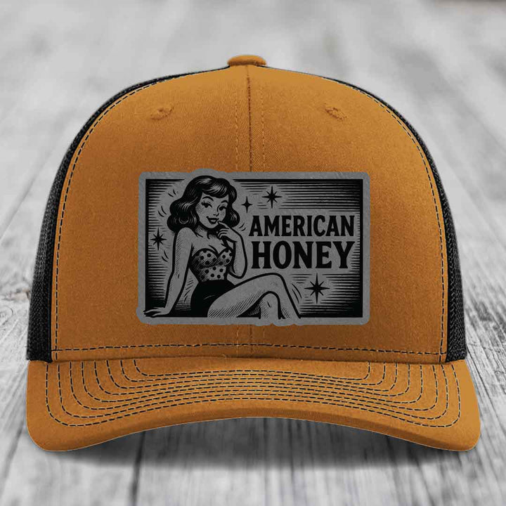 American Honey - Leather Patch Hat - Grey to Black Patch - Richardson 112 Snapback Trucker Hat