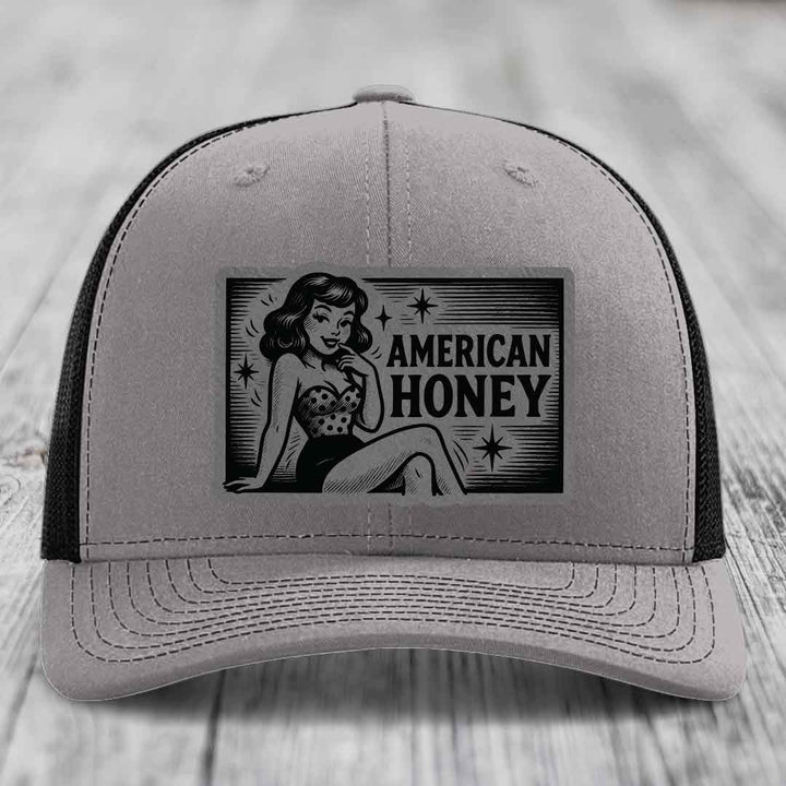 American Honey - Leather Patch Hat - Grey to Black Patch - Richardson 112 Snapback Trucker Hat