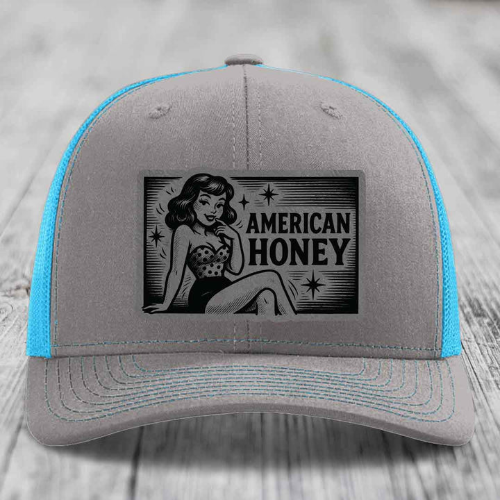 American Honey - Leather Patch Hat - Grey to Black Patch - Richardson 112 Snapback Trucker Hat