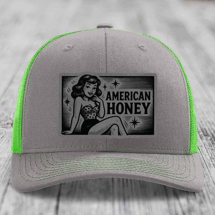 American Honey - Leather Patch Hat - Grey to Black Patch - Richardson 112 Snapback Trucker Hat