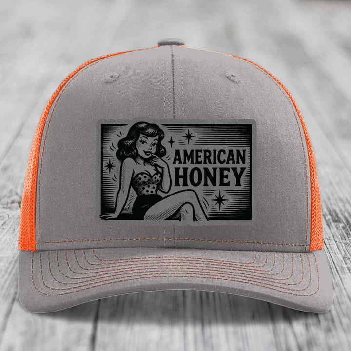 American Honey - Leather Patch Hat - Grey to Black Patch - Richardson 112 Snapback Trucker Hat