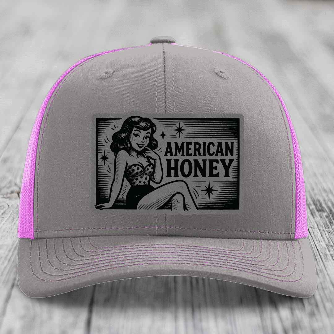 American Honey - Leather Patch Hat - Grey to Black Patch - Richardson 112 Snapback Trucker Hat
