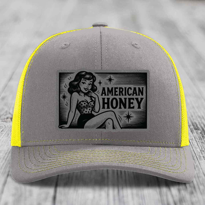 American Honey - Leather Patch Hat - Grey to Black Patch - Richardson 112 Snapback Trucker Hat