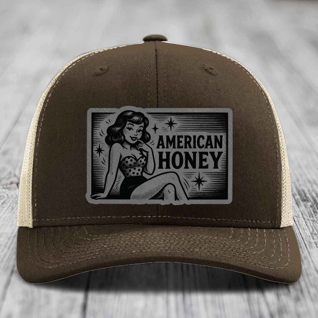 American Honey - Leather Patch Hat - Grey to Black Patch - Richardson 112 Snapback Trucker Hat
