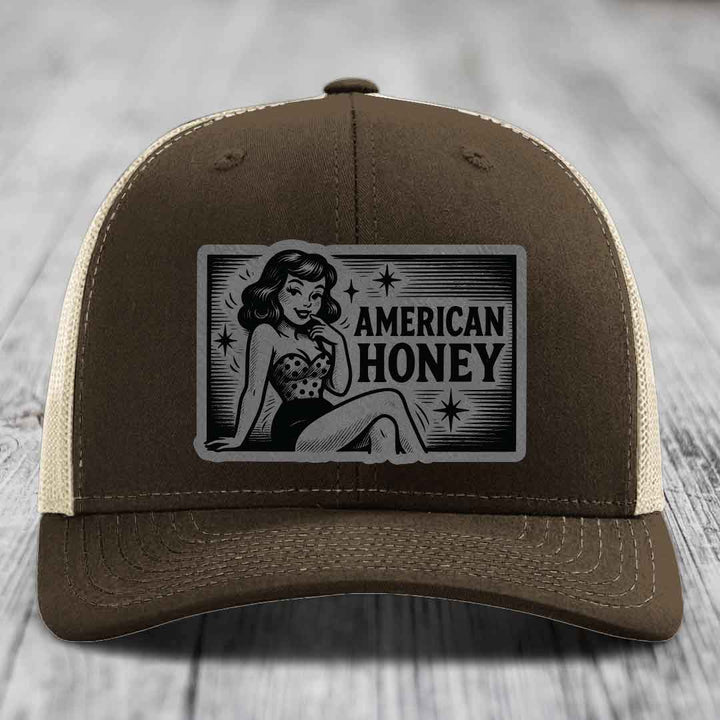 American Honey - Leather Patch Hat - Grey to Black Patch - Richardson 112 Snapback Trucker Hat