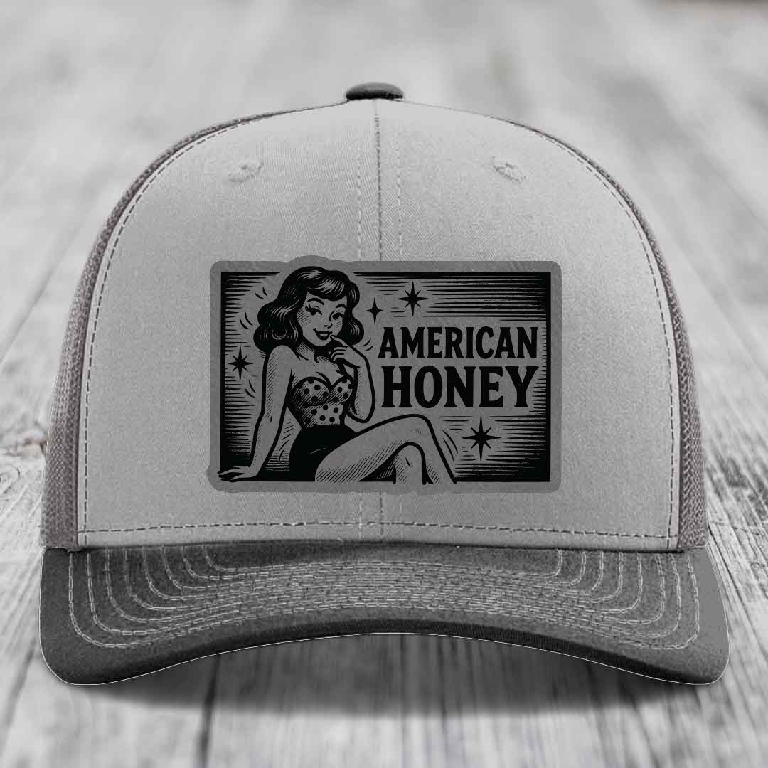 American Honey - Leather Patch Hat - Grey to Black Patch - Richardson 112 Snapback Trucker Hat