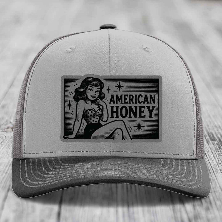 American Honey - Leather Patch Hat - Grey to Black Patch - Richardson 112 Snapback Trucker Hat