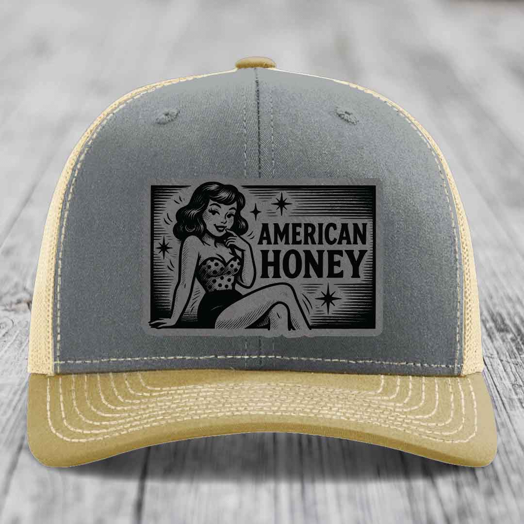 American Honey - Leather Patch Hat - Grey to Black Patch - Richardson 112 Snapback Trucker Hat