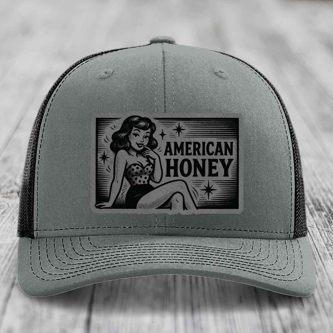American Honey - Leather Patch Hat - Grey to Black Patch - Richardson 112 Snapback Trucker Hat