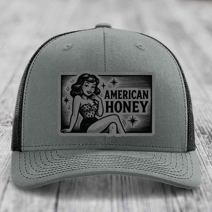 American Honey - Leather Patch Hat - Grey to Black Patch - Richardson 112 Snapback Trucker Hat