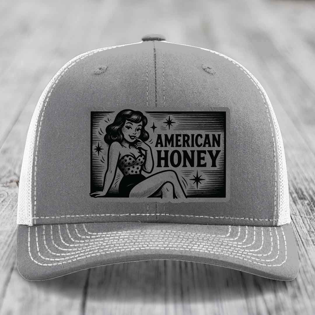 American Honey - Leather Patch Hat - Grey to Black Patch - Richardson 112 Snapback Trucker Hat