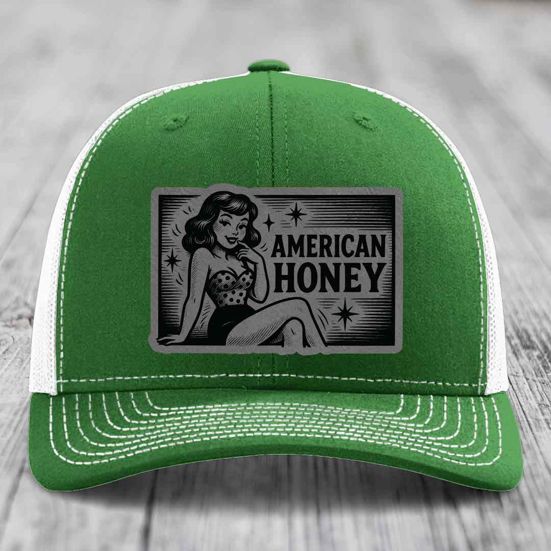 American Honey - Leather Patch Hat - Grey to Black Patch - Richardson 112 Snapback Trucker Hat