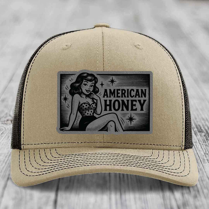 American Honey - Leather Patch Hat - Grey to Black Patch - Richardson 112 Snapback Trucker Hat