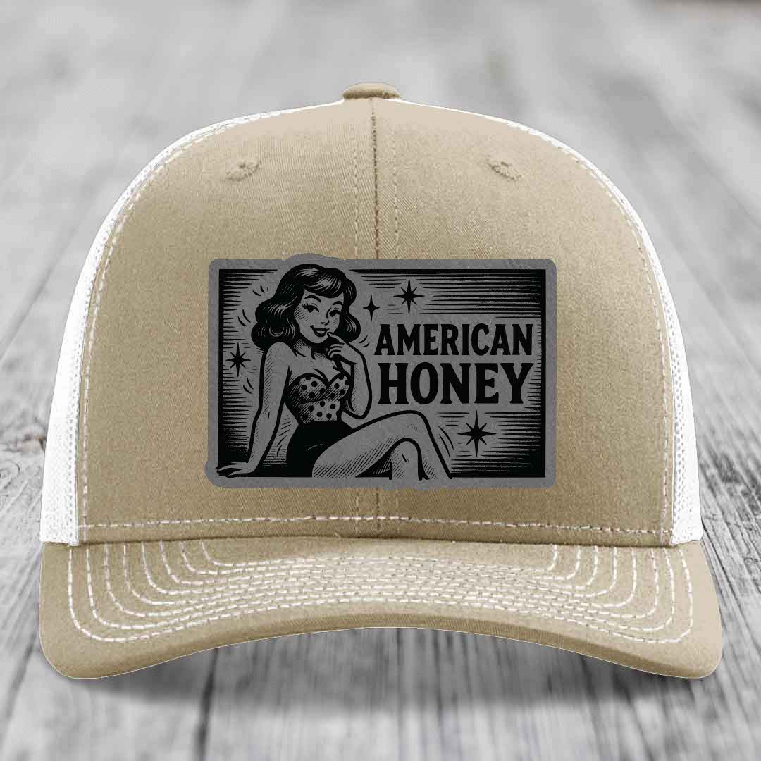 American Honey - Leather Patch Hat - Grey to Black Patch - Richardson 112 Snapback Trucker Hat